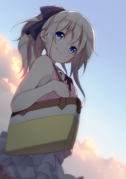 Anime picture 1000x1414 with charlotte p.a. works tomori nao mido (mimizuku-hukuro) single long hair tall image blush fringe blue eyes smile standing bare shoulders holding looking away sky silver hair cloud (clouds) ponytail head tilt