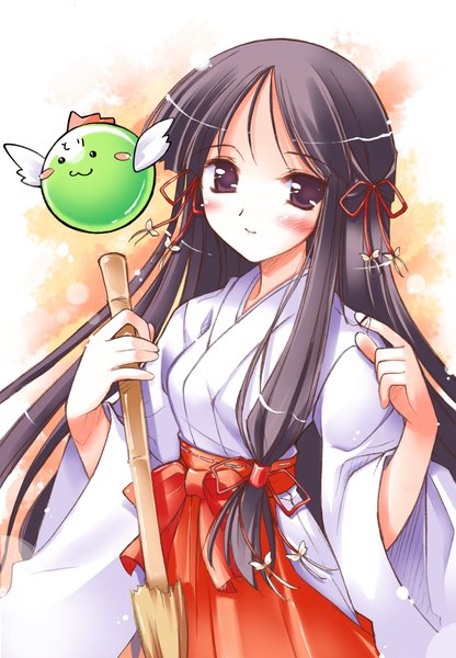 Anime picture 1461x2108 with happiness takamine koyuki single long hair tall image looking at viewer blush black hair smile light smile black eyes miko girl hair ornament broom
