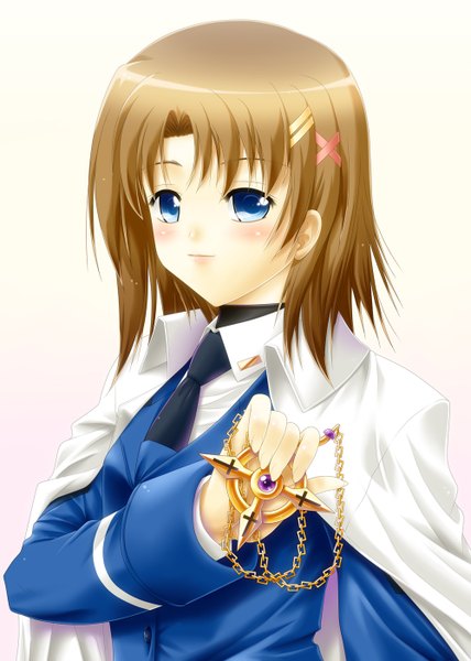 Anime picture 1000x1400 with mahou shoujo lyrical nanoha yagami hayate ayato single tall image blush short hair blue eyes brown hair gradient background pink background yellow background girl chain x hair ornament suit