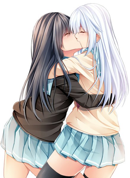 Anime picture 730x1000 with original creek (moon-sky) long hair tall image black hair simple background white background multiple girls white hair eyes closed hug shoujo ai kiss girl thighhighs skirt uniform black thighhighs 2 girls school uniform