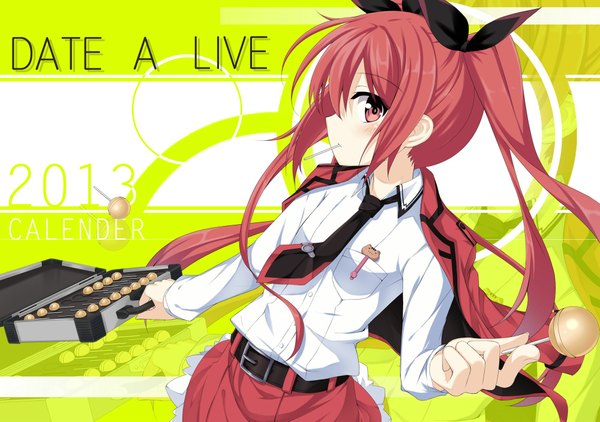 Anime picture 2000x1407 with date a live itsuka kotori sigemi single long hair looking at viewer blush fringe highres hair between eyes red eyes twintails red hair profile copyright name clothes on shoulders 2013 girl shirt necktie