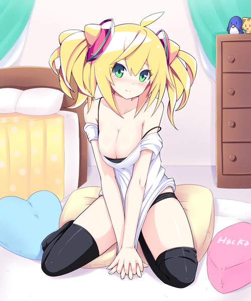 Anime picture 1000x1200 with mijinko (rioriorio) single long hair tall image looking at viewer blush breasts light erotic blonde hair green eyes cleavage girl thighhighs hair ornament black thighhighs pillow bed