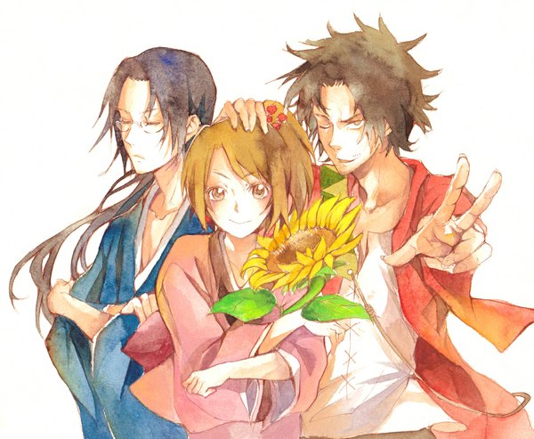 Anime picture 1082x890 with samurai champloo mugen (samurai champloo) jinnosuke fuu (samurai champloo) long hair short hair black hair simple background smile brown hair white background brown eyes eyes closed traditional clothes japanese clothes one eye closed wink multiple boys girl boy