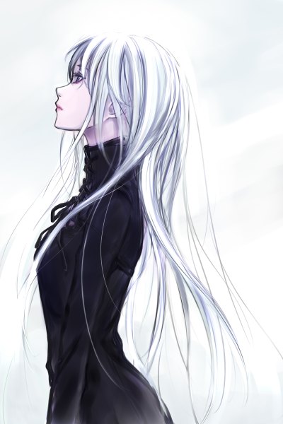 Anime picture 3200x4800 with original early type single long hair tall image highres simple background white background absurdres white hair profile grey eyes looking up girl dress black dress