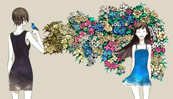 Anime picture 2205x1261 with supercell sayonara memories (supercell) gazelle nagi miwa shirow long hair highres short hair open mouth simple background smile brown hair wide image multiple girls eyes closed brown background girl dress flower (flowers) 2 girls animal