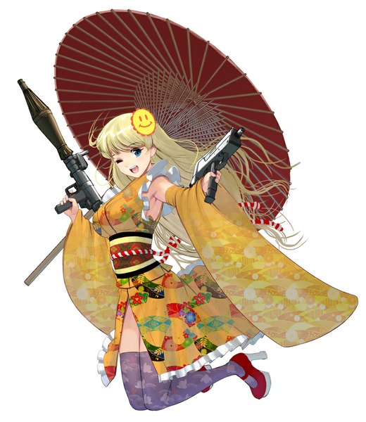 Anime picture 867x1000 with original masao single long hair tall image looking at viewer open mouth blue eyes simple background blonde hair white background traditional clothes japanese clothes one eye closed wink high heels jumping girl thighhighs hair ornament