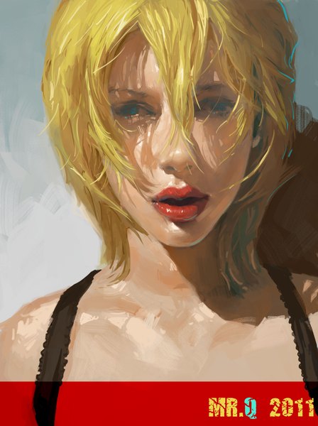 Anime picture 1654x2213 with real life scarlett johannson tagme (artist) single tall image short hair open mouth blue eyes blonde hair lips realistic girl