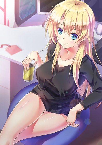 Anime picture 764x1080 with new game! doga kobo yagami kou zha yu bu dong hua single long hair tall image looking at viewer blush fringe breasts blue eyes light erotic blonde hair smile hair between eyes large breasts sitting holding ahoge