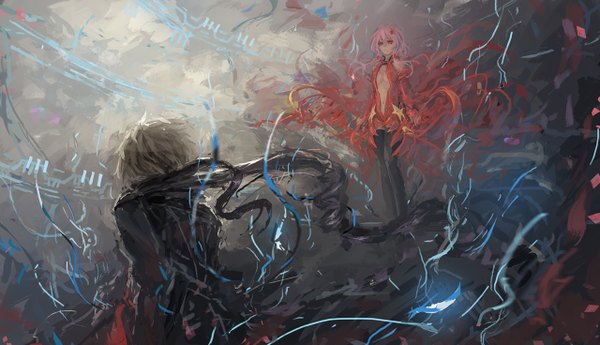 Anime picture 1280x736 with guilty crown production i.g yuzuriha inori ouma shu lechat long hair short hair red eyes wide image pink hair grey hair girl thighhighs boy black thighhighs scarf cloak