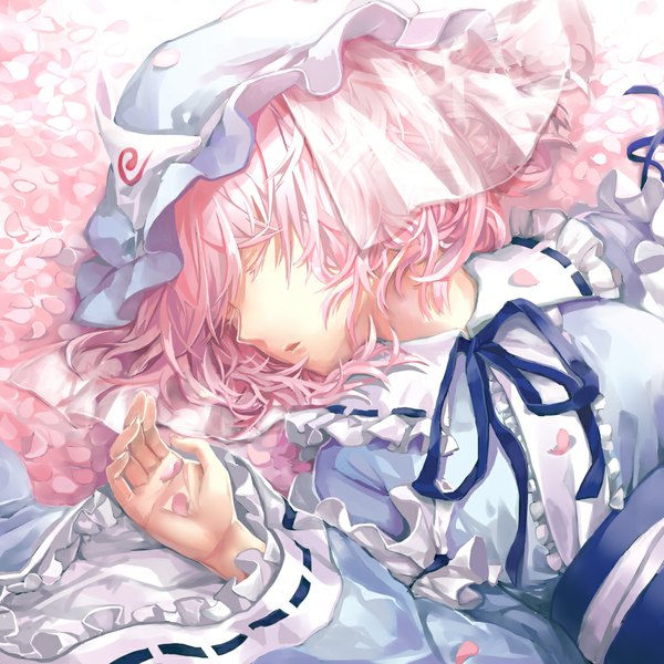 Anime picture 1024x1024 with touhou saigyouji yuyuko shionty single short hair pink hair lying eyes closed traditional clothes japanese clothes girl flower (flowers) ribbon (ribbons) petals frills bonnet