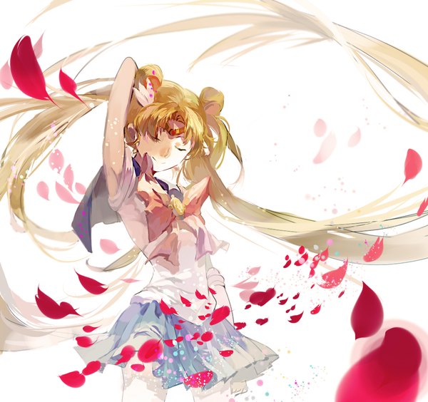 Anime picture 2000x1882 with bishoujo senshi sailor moon toei animation tsukino usagi sailor moon cathy inaba single fringe highres simple background blonde hair smile standing white background twintails very long hair pleated skirt armpit (armpits) hair bun (hair buns) girl skirt