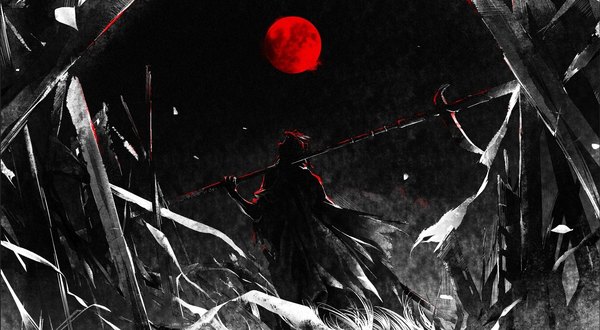 Anime picture 1524x839 with sekiro: shadows die twice from software isshin ashina megasus single wide image standing holding monochrome red moon spot color weapon over shoulder boy weapon moon spear