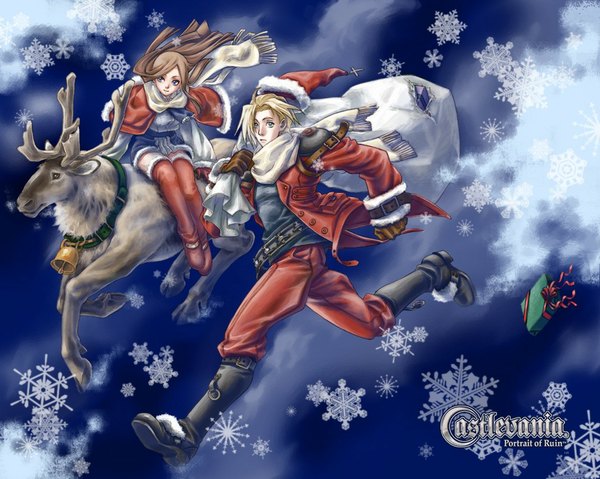 Anime picture 1024x819 with castlevania konami long hair short hair blonde hair brown hair fur trim christmas winter new year running riding girl thighhighs boy jacket boots fur bell gift