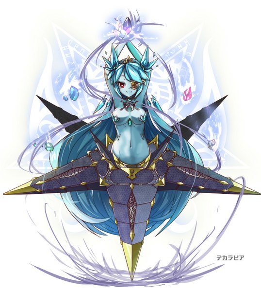 Anime picture 718x800 with rocknroll (artist) single tall image looking at viewer blush breasts light erotic smile red eyes very long hair aqua hair bare belly armpit (armpits) monster girl blue skin girl navel eyepatch crystal