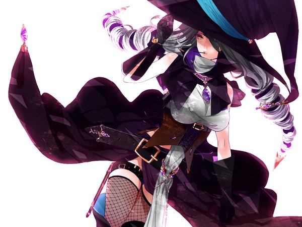 Anime picture 1200x900 with original hebi (yurari) long hair looking at viewer breasts simple background white background twintails holding silver hair orange eyes mouth hold drill hair witch weightlessness underbust girl thighhighs gloves hat