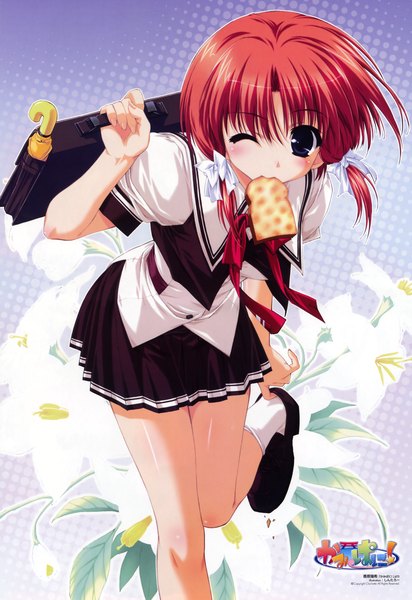 Anime picture 2712x3942 with kamipani (game) kahara mizuki shintarou tall image highres short hair blue eyes red hair one eye closed wink scan mouth hold girl skirt uniform flower (flowers) school uniform bag