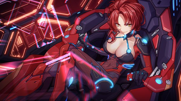 Anime picture 1200x675 with honkai impact 3rd benghuai xueyuan honkai (series) murata himeko sougishi ego single looking at viewer breasts light erotic wide image large breasts holding yellow eyes cleavage bent knee (knees) red hair from above halterneck backlighting science fiction
