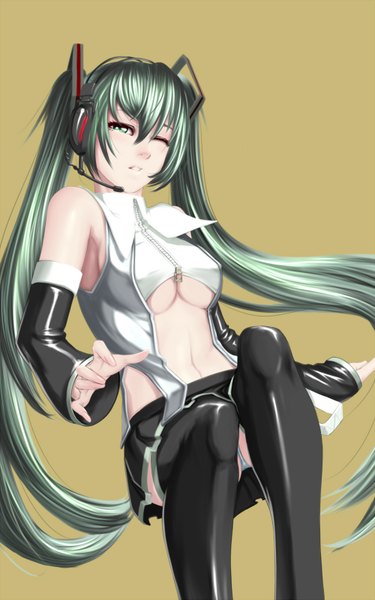 Anime picture 1000x1600 with vocaloid vocaloid append hatsune miku hatsune miku (append) zealt single long hair tall image simple background twintails bare shoulders one eye closed aqua eyes wink aqua hair girl thighhighs skirt black thighhighs detached sleeves