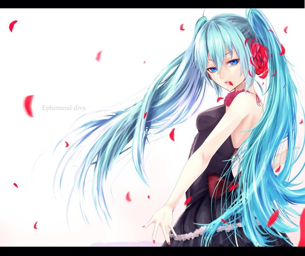 Anime picture 1662x1396 with vocaloid hatsune miku yukihama single open mouth white background twintails very long hair hair flower aqua eyes aqua hair letterboxed girl dress hair ornament flower (flowers) petals black dress