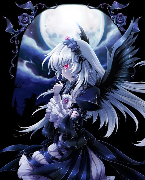 Anime picture 1200x1486 with rozen maiden suigintou mtyy single long hair tall image red eyes white hair night lolita fashion goth-loli girl dress flower (flowers) wings frills moon feather (feathers)