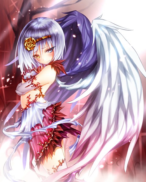Anime picture 672x840 with original noppi (noppi 98) single tall image looking at viewer blush short hair silver hair heterochromia girl skirt gloves wings elbow gloves