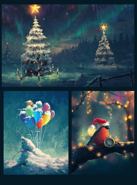 Anime picture 2200x2976 with original sylar113 tall image highres wind blurry night depth of field night sky snow no people glow nature aurora borealis plant (plants) hat animal tree (trees) bird (birds) star (symbol)