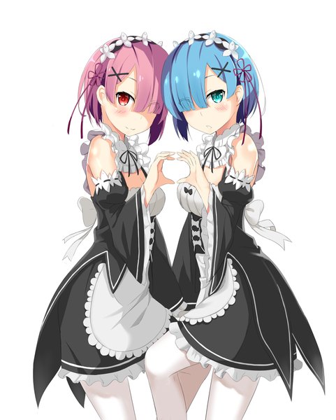 Anime picture 800x997 with re:zero kara hajimeru isekai seikatsu white fox rem (re:zero) ram (re:zero) hg---ay tall image blush fringe short hair blue eyes simple background red eyes standing white background bare shoulders multiple girls blue hair looking away pink hair light smile