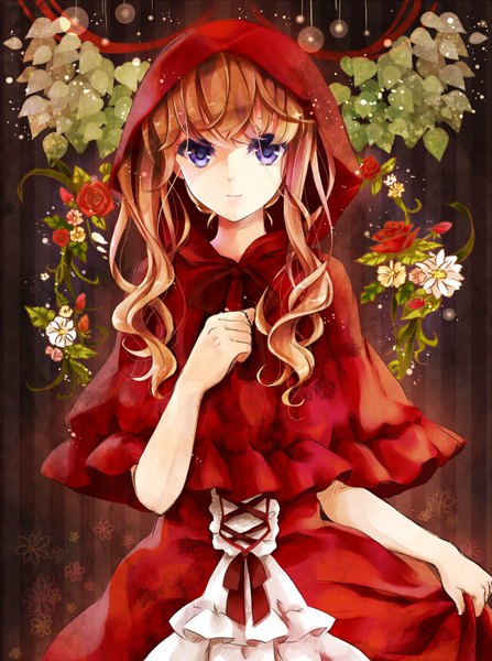 Anime picture 1200x1610 with little red riding hood original little red riding hood (character) puracotte single long hair tall image looking at viewer smile purple eyes orange hair girl dress flower (flowers) bow rose (roses) leaf (leaves) red dress