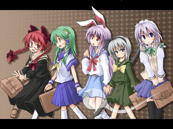 Anime picture 1200x900 with touhou izayoi sakuya konpaku youmu kochiya sanae reisen udongein inaba myon kaenbyou rin short hair blue eyes red eyes animal ears silver hair purple hair red hair braid (braids) green hair cat ears bunny ears zettai ryouiki twin braids