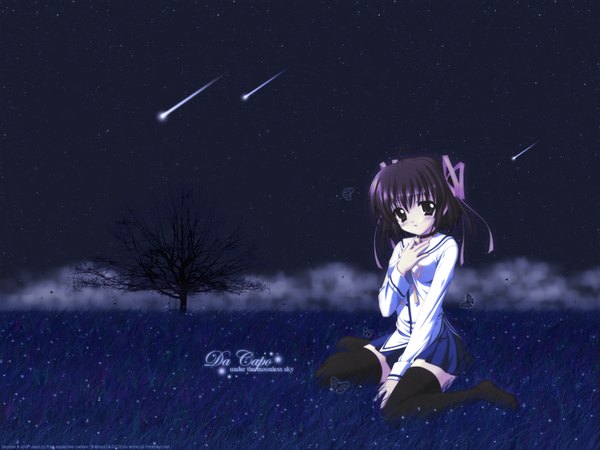 Anime picture 1600x1200 with da capo asakura nemu short hair night field girl ribbon (ribbons) plant (plants) tree (trees) serafuku