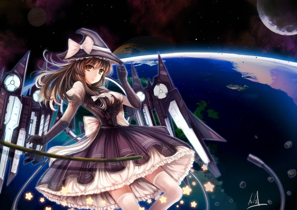 Anime picture 2480x1753 with touhou kirisame marisa jianren long hair highres brown hair brown eyes girl thighhighs dress gloves white thighhighs elbow gloves star (stars) witch hat earth