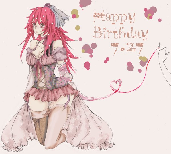 Anime picture 1604x1443 with happy tree friends flaky single long hair simple background bare shoulders brown eyes cleavage red hair inscription alternate costume kneeling happy birthday personification heart of string girl thighhighs bow hair bow heart