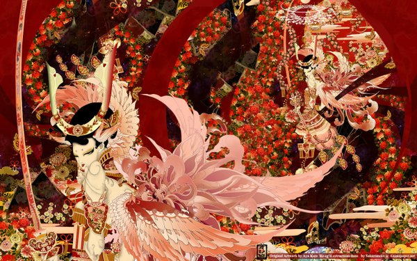 Anime picture 1280x800 with original aya kato black hair wide image multiple girls black eyes nihonga girl hair ornament flower (flowers) 2 girls wings jewelry