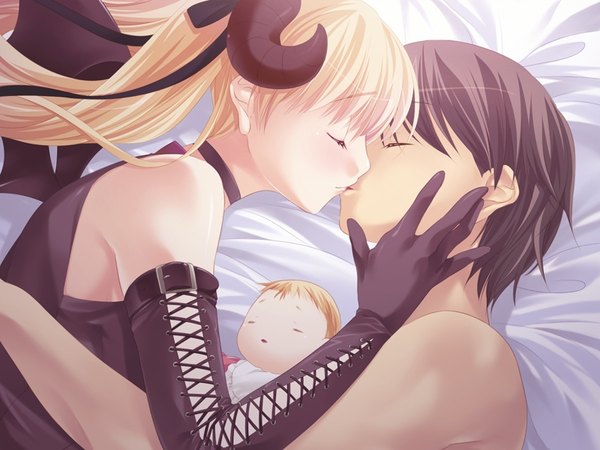 Anime picture 800x600 with dance in the vampire bund shaft (studio) mina tepes akira kaburagi regendorf ayase hazuki long hair blush fringe short hair blonde hair brown hair bare shoulders eyes closed horn (horns) embarrassed couple hug sleeping kiss bat wings