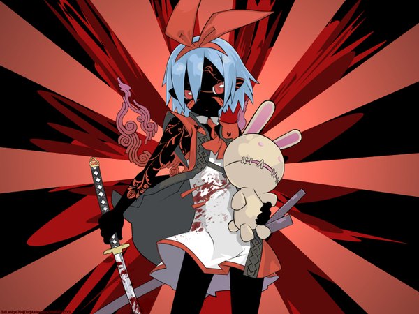 Anime picture 1600x1200 with disgaea pleinair usagi-san kuroboshi kouhaku single looking at viewer short hair red eyes blue hair alternate color black skin girl weapon sword katana blood toy stuffed animal stuffed toy bunny