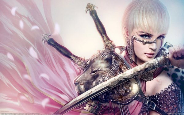 Anime picture 2560x1600 with original mario wibisono (raynkazuya) highres short hair blue eyes wide image white hair lips realistic wallpaper girl weapon petals sword armor blood dragon lion