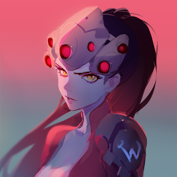 Anime picture 800x799 with overwatch blizzard entertainment widowmaker (overwatch) ask (askzy) single long hair looking at viewer black hair yellow eyes upper body ponytail parted lips lips lipstick gradient background portrait face eyeshadow expressionless pink lipstick