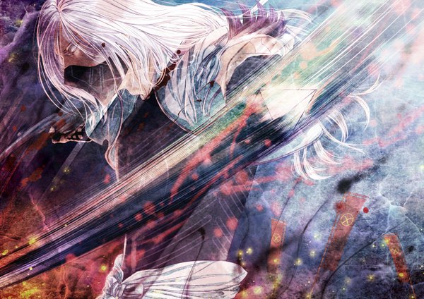 Anime picture 1517x1074 with sengoku basara production i.g akechi mitsuhide single long hair white hair traditional clothes white eyes boy weapon blood mask