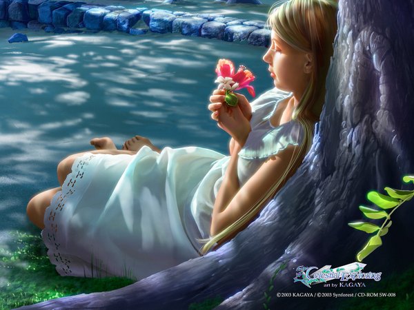 Anime picture 1600x1200 with kagaya long hair blonde hair barefoot realistic 3d girl flower (flowers) plant (plants) tree (trees) water