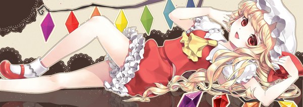 Anime picture 1684x596 with touhou flandre scarlet seal (pukozin) single long hair looking at viewer blush open mouth blonde hair red eyes wide image lying girl skirt wings socks white socks bonnet skirt set crystal