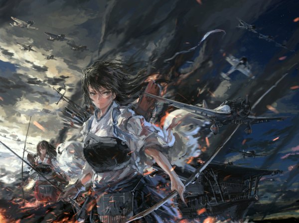 Anime picture 1205x900 with kantai collection kaga aircraft carrier akagi aircraft carrier stu dts long hair black hair multiple girls sky cloud (clouds) traditional clothes japanese clothes blurry grey eyes dark background girl skirt gloves weapon 2 girls armor