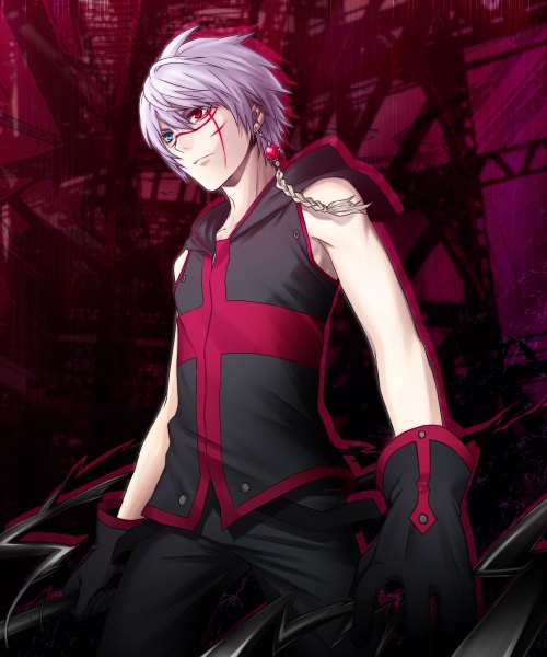 Anime picture 1000x1200 with seikon no qwaser aleksander nikolaevich hell chimachi single tall image short hair bare shoulders silver hair heterochromia boy gloves hair ornament weapon multicolored gloves