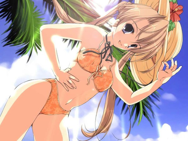 Anime picture 1024x768 with sister princess zexcs sakuya (sister princess) blue eyes brown hair twintails beach flower (flowers) swimsuit hat bikini choker
