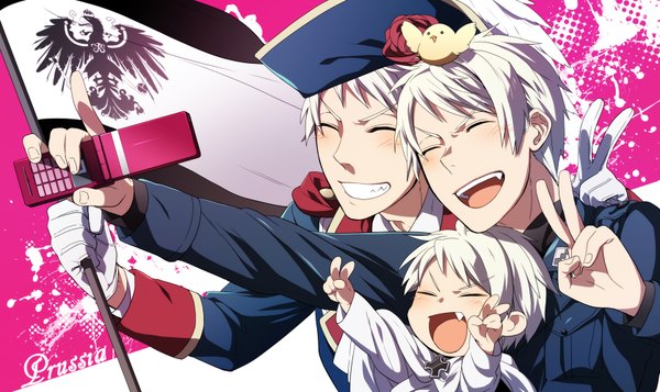 Anime picture 1677x1000 with axis powers hetalia studio deen prussia (hetalia) gilbird wide image white hair victory boy uniform hat animal bird (birds) military uniform child (children) flag phone