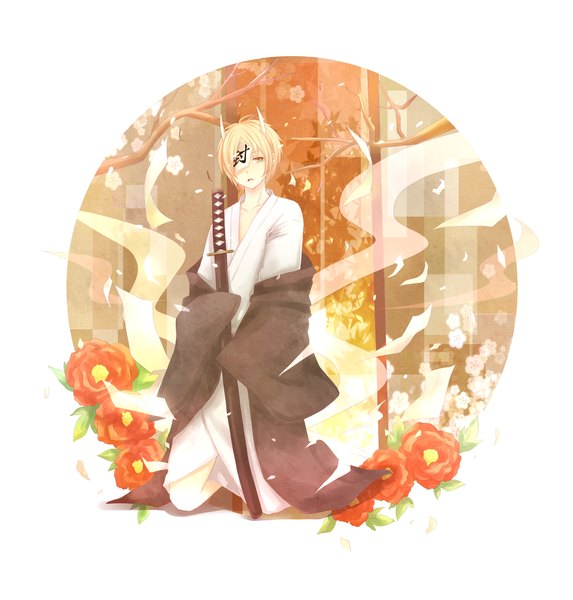 Anime picture 1870x1960 with natsume yuujinchou brains base (studio) natsume takashi seiya mzk single tall image highres short hair open mouth blonde hair white background yellow eyes traditional clothes japanese clothes horn (horns) kneeling boy flower (flowers) weapon sword