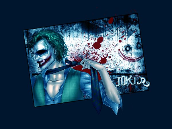 Anime picture 1280x960 with dc comics the joker pirate-cashoo single short hair simple background smile profile inscription text black background dark background open collar english licking makeup glasgow smile boy shirt necktie