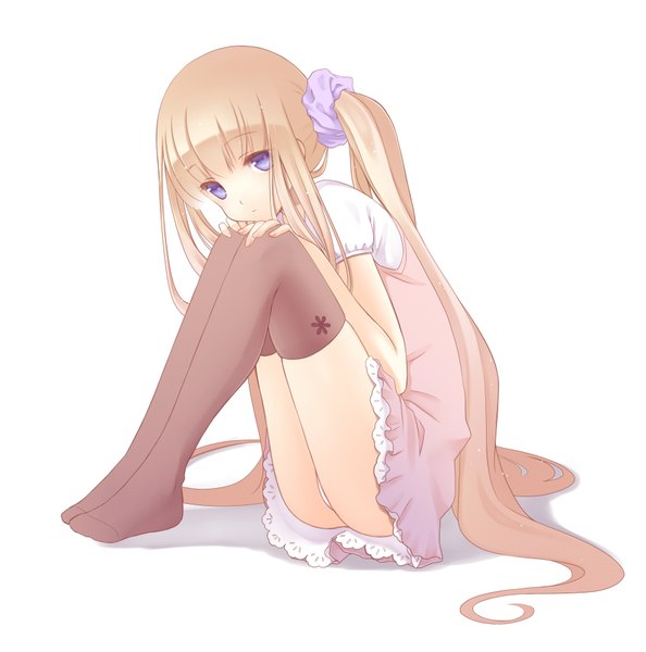 Anime picture 1786x1806 with original nana mikoto single long hair tall image highres blue eyes light erotic simple background blonde hair white background twintails pantyshot pantyshot sitting girl thighhighs black thighhighs
