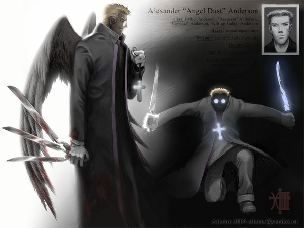 Anime picture 1024x768 with hellsing alexander anderson short hair blonde hair green eyes profile inscription glowing glowing eye (eyes) boy weapon wings glasses blood cross