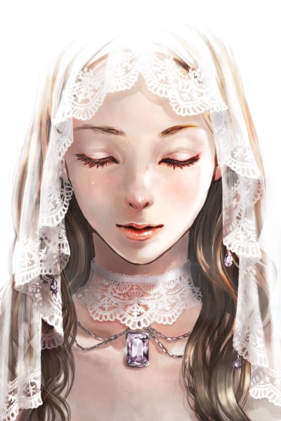 Anime picture 800x1200 with cocoon single long hair tall image blush simple background brown hair white background eyes closed lips close-up face girl choker pendant jewelry veil wedding veil