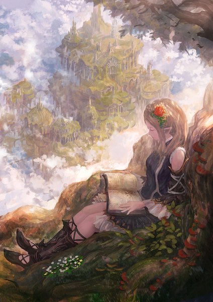 Anime picture 848x1200 with original you shimizu single long hair tall image blonde hair sitting bare shoulders cloud (clouds) full body bent knee (knees) profile hair flower pointy ears blurry wide sleeves depth of field city elf fantasy